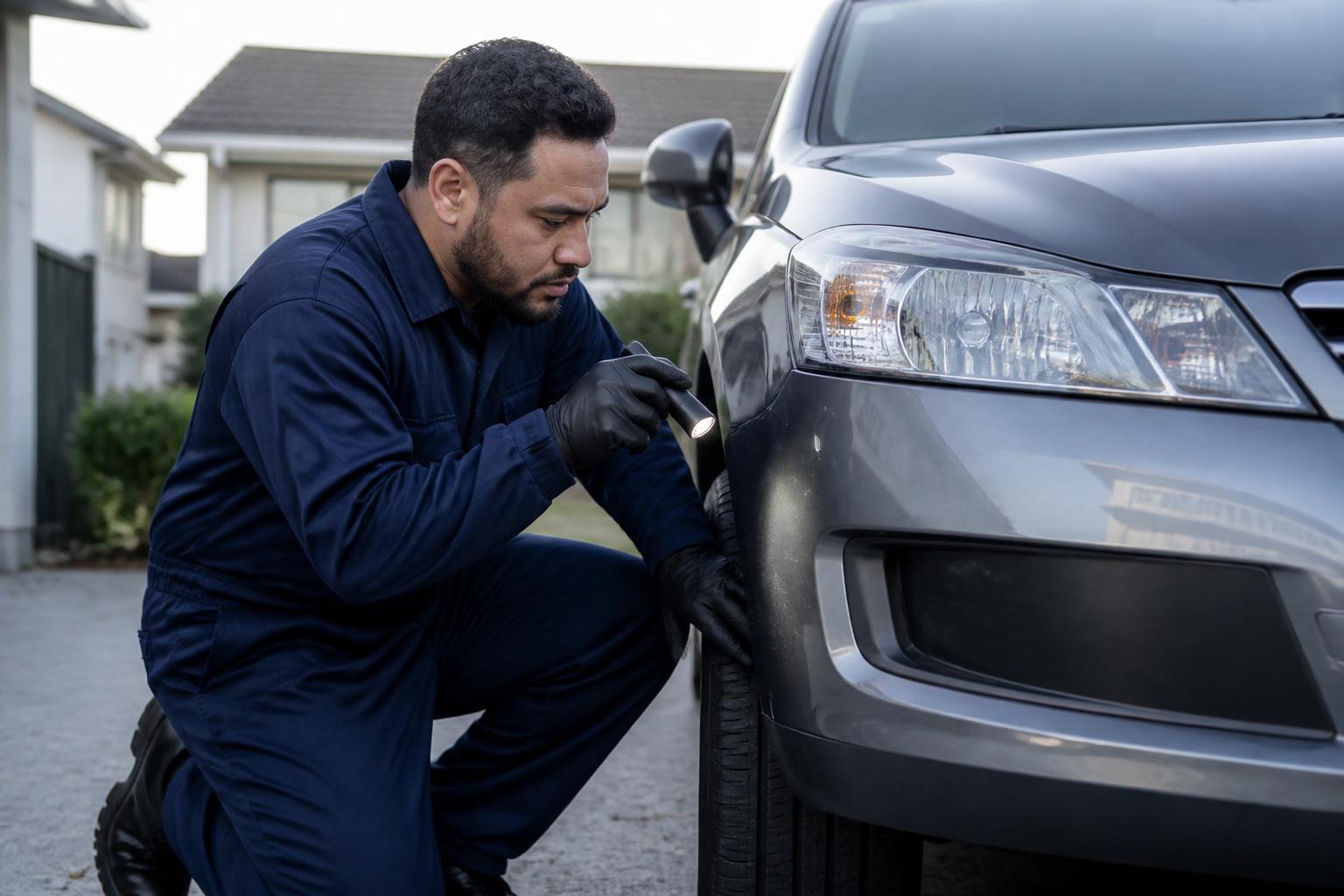 Mobile mechanic inspecting a car headlight and tyre in a driveway