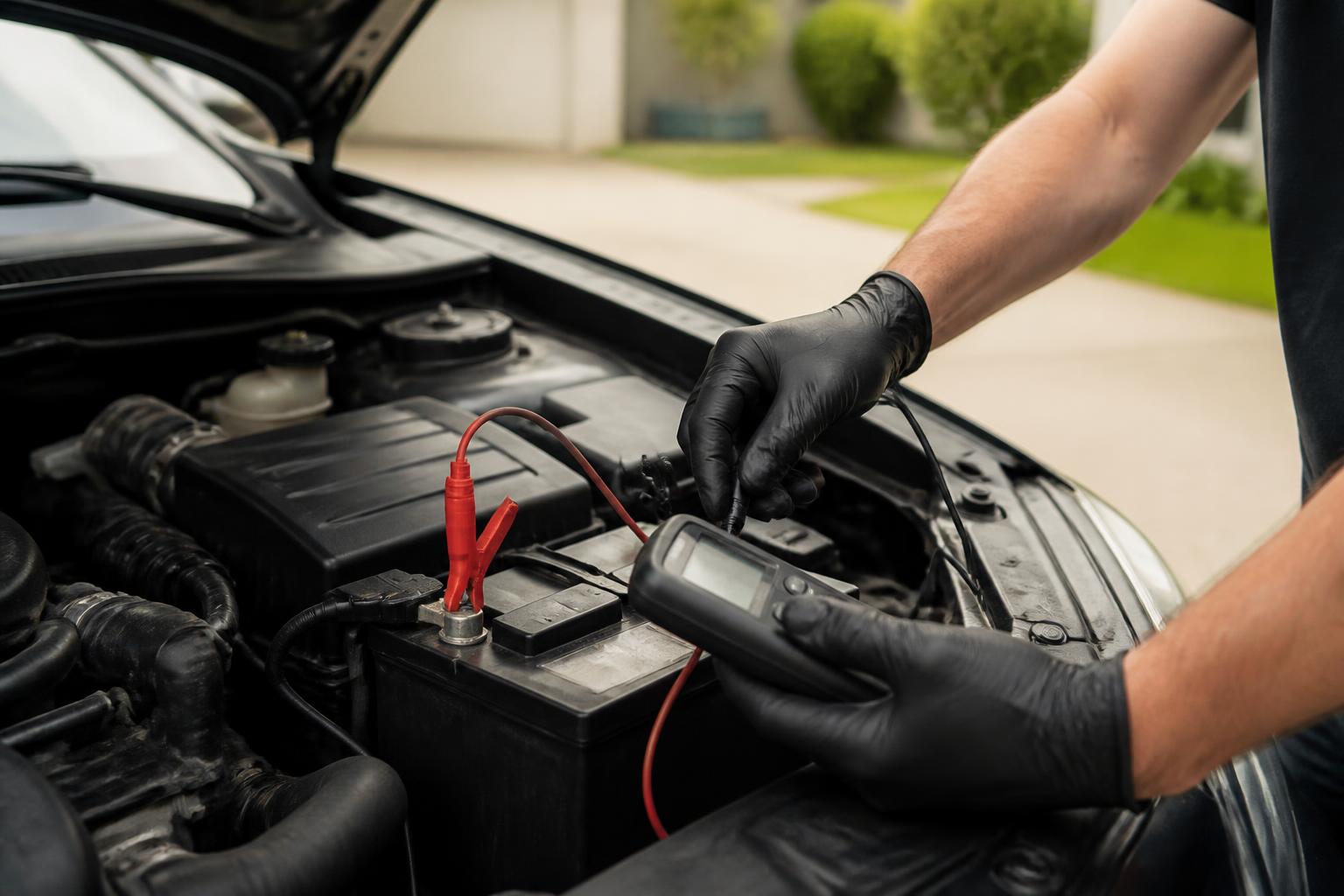 Mobile mechanic testing a car battery with a digital tester in a residential driveway
