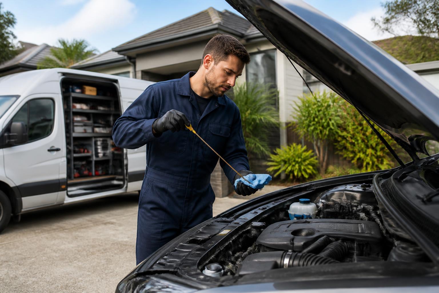 Mobile mechanic checking engine oil during a routine car service in a residential driveway