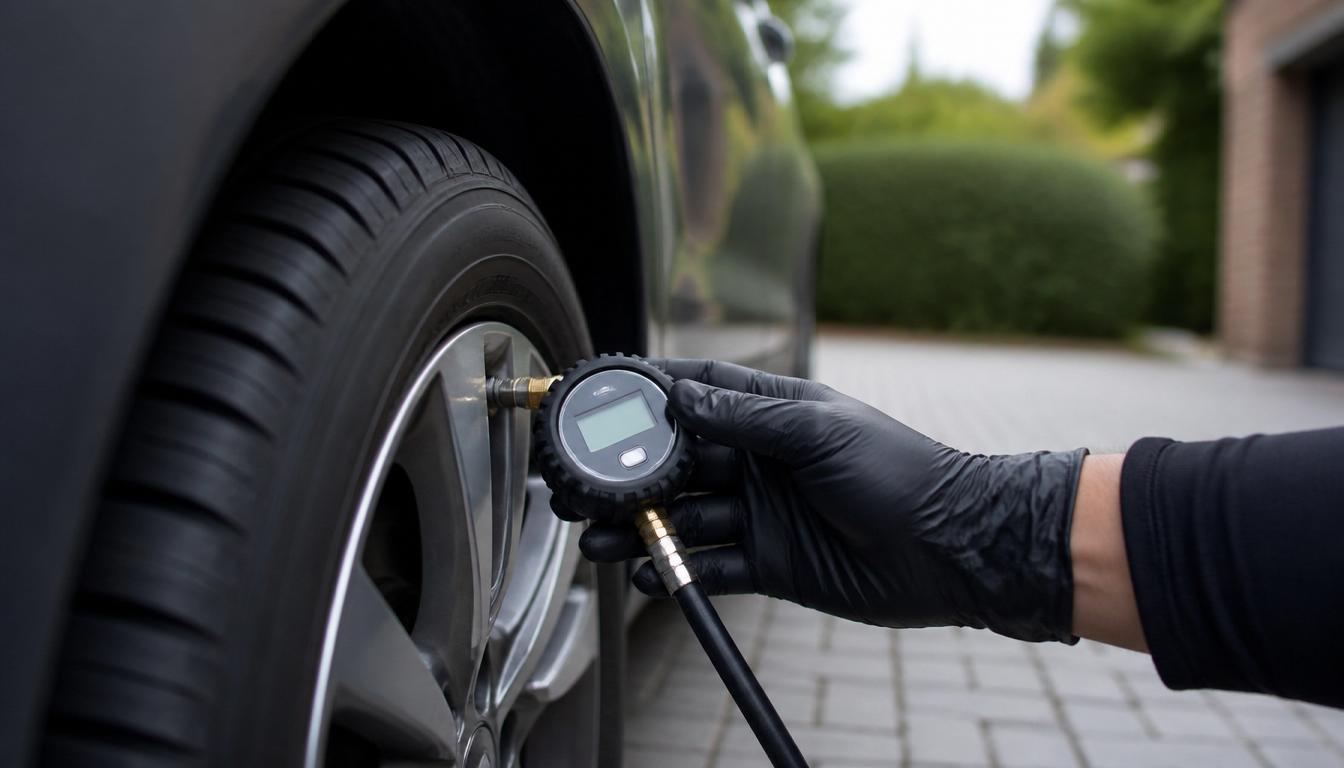 Mechanic checking car tyre pressure with a digital gauge in a residential driveway